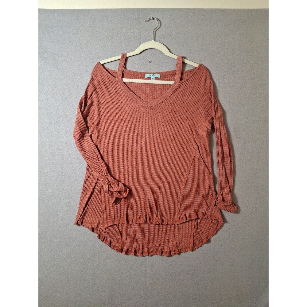 Karlie Terracotta Orange Waffle Knit Thermal Tunic Cold Shoulder Strap Top M USA